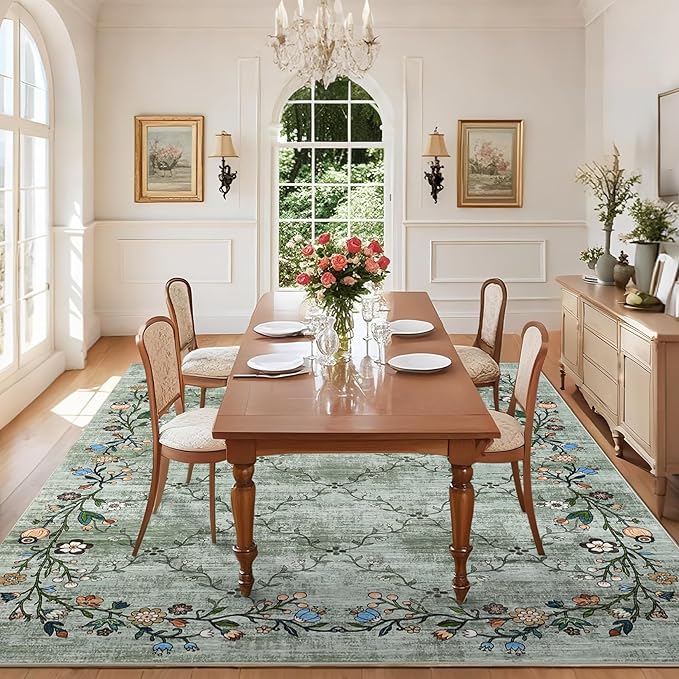 GarveeHome 9x12 Washable Floral Area Rugs for Living Room: Modern Floral Non Slip Large Area Rugs for Bedroom, Large Machine Washable Living Room Low Pile Carpet with Non-Slip Backing Green 9'x12'.