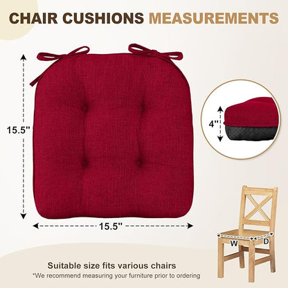 downluxe Indoor Chair Cushions for Dining Chairs, Tufted Overstuffed Textured Kitchen Chair Pads with Ties and Non-Slip Backing, 15.5" x 15.5" x 4", Red, 4 Pack