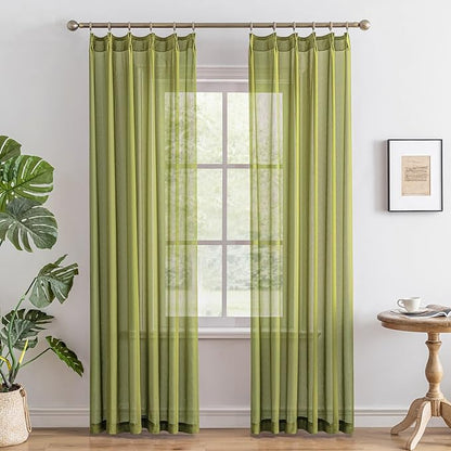 MAIHER Sheer Pinch Pleat Green Curtains 80 Inch Length for Living Room Tree Branch Textured Soft Touch Light Filtering Pleated Drapes with Adjustable Hooks, Sage Green, 42" W x 80" L, 2 Panels