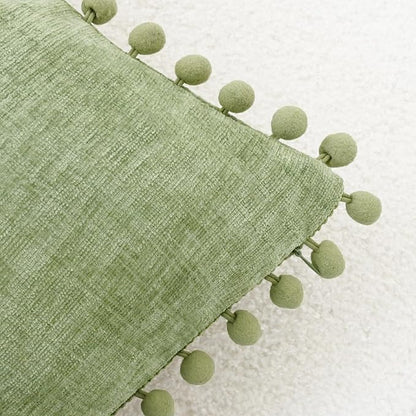 CaliTime Throw Pillow Covers Decorative 20 X 20 Inches Pack of 2 Cozy Solid Dyed Soft Chenille Cushion Cases with Pom Poms for Couch Sofa Bed Living Room Home Sage