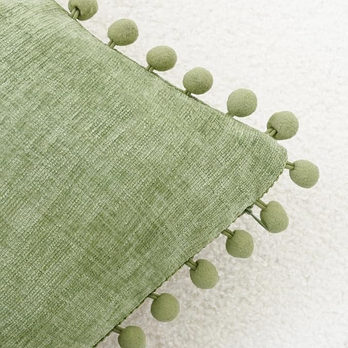 CaliTime Throw Pillow Covers Decorative 16 X 16 Inches Pack of 2 Cozy Solid Dyed Soft Chenille Cushion Cases with Pom Poms for Couch Sofa Bed Living Room Home Sage