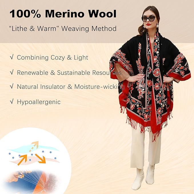 DANA XU 100% Merino Wool Extra Large Pashmina Blanket Travel Scarf Cashmere Wrap for Women Fall Winter Oversize Shawl Floral