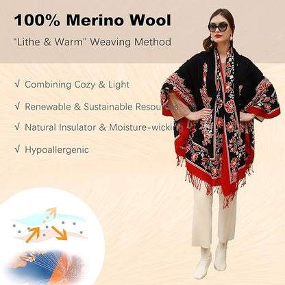 DANA XU 100% Merino Wool Extra Large Pashmina Blanket Travel Scarf Cashmere Wrap for Women Fall Winter Oversize Shawl Floral