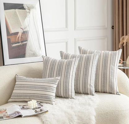 Decorative Boho Throw Pillow Covers, Farmhouse Textured Pillow Case, 18 x 18 Inch Set of 2, Chair Sofa Bedroom Living Room Home Decor Couch Cushion Case, Grey and Beige Striped