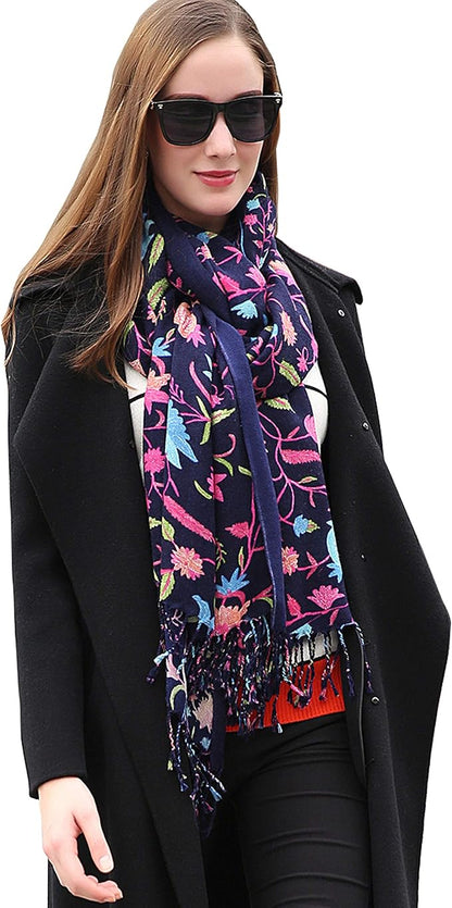 DANA XU 100% Merino Wool Extra Large Pashmina Blanket Travel Scarf Cashmere Wrap for Women Fall Winter Oversize Shawl Floral