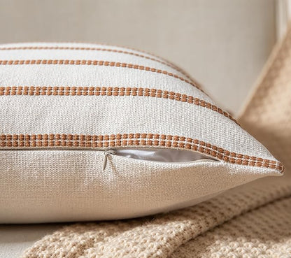 Caflife Boho Throw Pillow Covers 18x18 Set of 2 Soft Farmhouse Decorative Couch Pillow Cases Brown Striped Pillow Covers Neutral Cushion Covers for Sofa Bed Living Room Home Decor