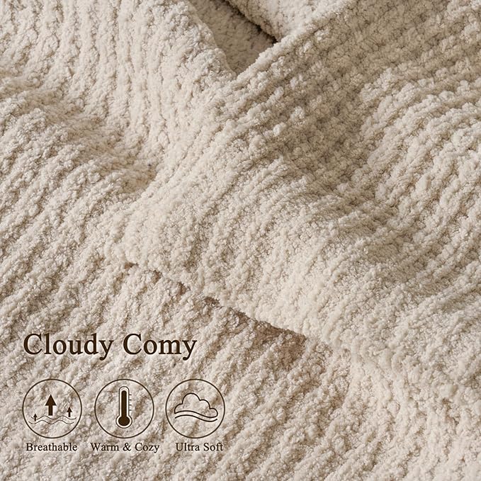 PHF Chenille Waffle Knit Blanket Twin Size- Plush Warm & Cozy 60" x 80" Ultra Soft Blanket- Chunky Fluffy Waffle Bedding for Home Decor - Natural