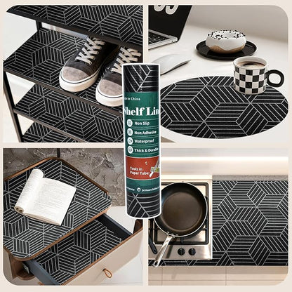 Shelf Liners for Kitchen Cabinets 12in x 20FT, Non Adhesive Cabinet Liner Strong Non-Slip Black and Silver Geometric Drawer Liner, Easy to Clean for Shelf, Cabinet with Knife and Tape Measure