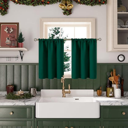 BGment Emerald Green Curtains 36 Inch Length for Kitchen Window - Rod Pocket Half Window Drapes for Bathroom Cafe Rv Camper Short Blackout Panel, 34 x 36 Inch, 2 Panels