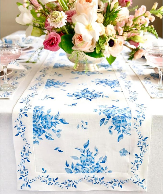 Solino Home Blue Floral Print Table Runner 120 Inches Long - 100% Pure Linen Table Runner 14 x 120 Inch - Handcrafted and Machine Washable - Jolie Fleur Print