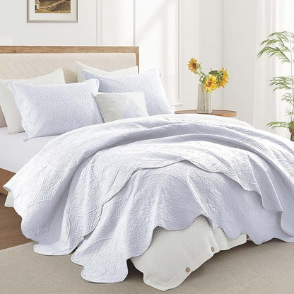 IR Imperial Rooms Twin Quilt Bedding Set Size (68” x 86”) + 1 Pillow Shams (20” x 26” + 2”) - 2 Pcs All Season Lightweight Reversible Microfiber Coverlet Floral Embossed Quilt Bedspread (White)