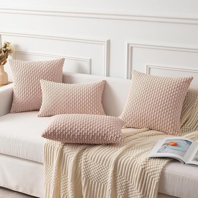 Kevin Textile Valentines Day 12x20 Inch Pillow Cover 1 Pack Boho Decorative Soft Striped Corduroy Lumbar Farmhouse Accent Rectangle Cushion Case for Living Room Couch Sofa Bed, Light Pink