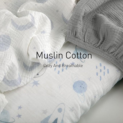Gllquen Baby Muslin Bassinet Sheets 3 Pack, Breathable Elastic Cozy Fitted Cotton Bassinet Mattress Sheet for Baby Boy Girls, Fit for Hourglass Oval Rectangular Cradle Pad Sheets 33"x17" (Space)