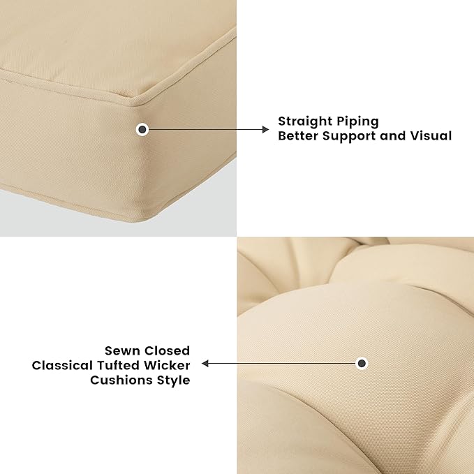 ARTPLAN Outdoor Seat Cushion,Square Thick Tufted Pure Chair Cushion for Patio Wicker Chair with Tie,Set of 2,19"x19"x5"，Beige