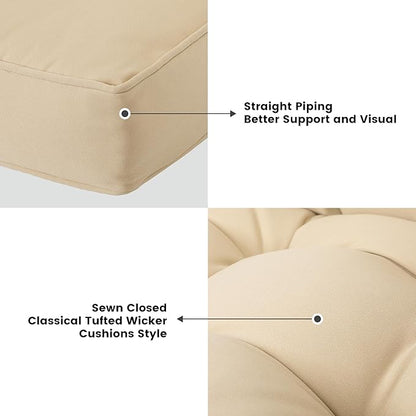 ARTPLAN Outdoor Seat Cushion,Square Thick Tufted Pure Chair Cushion for Patio Wicker Chair with Tie,Set of 2,19"x19"x5"，Beige