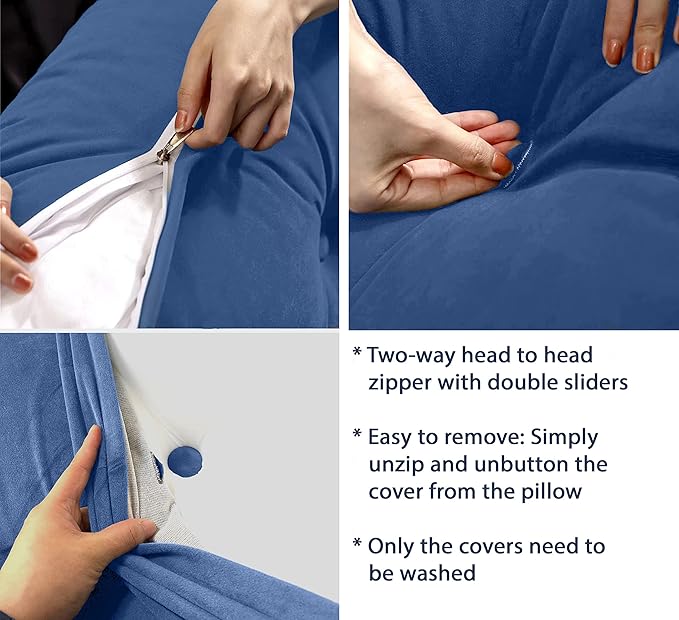 Triangular Reading Bed Rest Pillow Large Bolster Cushion Headboard Backrest Wedge Pillow with Removable Cover and Two Large Side Pockets (Steel Blue, King: 78 x 8 x 20 inches)