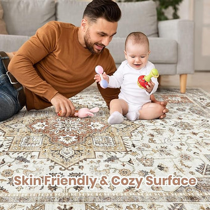 Vintage Living Room Area Rug 6x9 - Large Soft Washable Oriental Traditional Distressed Farmhouse Rugs for Bedroom - Indoor Floor Accent Carpet for Home Office House Decor - Golden Taupe