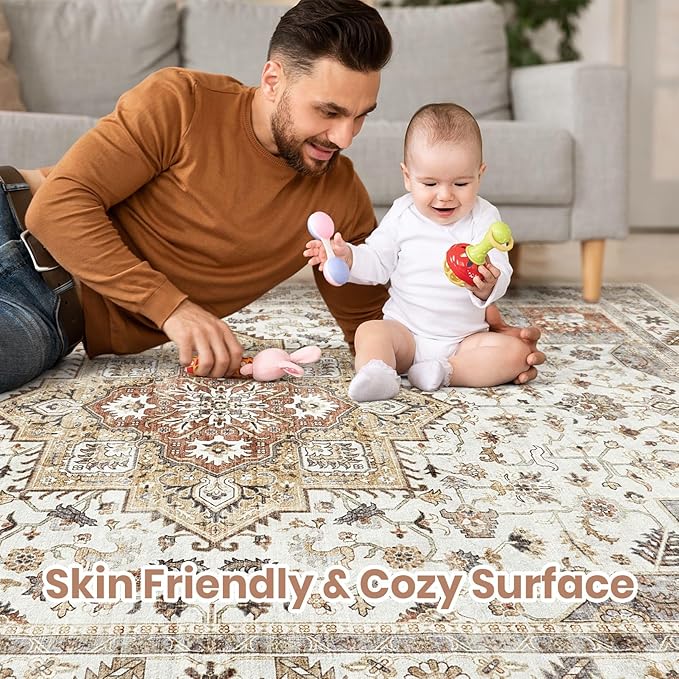 Vintage Living Room Area Rug 10x14 - Large Soft Washable Oriental Traditional Distressed Farmhouse Rugs for Bedroom - Indoor Floor Accent Carpet for Home Office House Decor - Golden Taupe