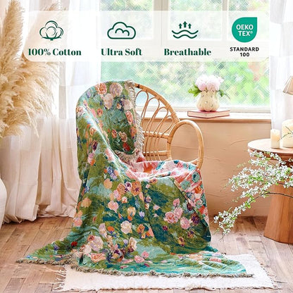 MSGKV Boho Throw Blanket for Bed Cotton Floral Twin Size Couch Blanket 60"x80" Muslin Breathable Lightweight Farmhouse Blankets All Seasons