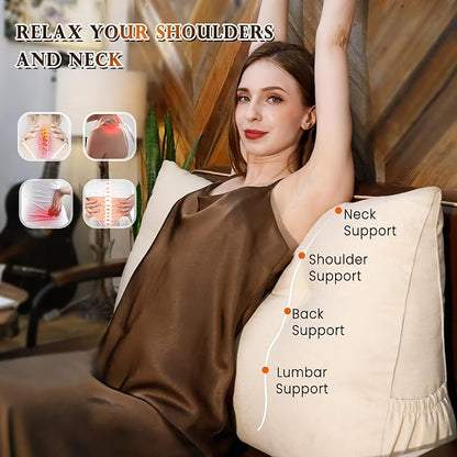 Headboard Pillow King Size, Triangular Wedge Backrest with Removable Head Roll & Side Pocket, 100% Linen Reading Pillow for Bed, Couch, Floor - Ergonomic Support for Neck, Back, White Beige