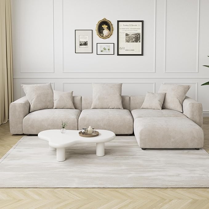 JACH Sectional Couch with 5 Pillows, Luxurious Modular Sectional Couch with Chaise Ottoman, Cushion Covers Removable, Corduroy Modern Soft Couches for Living Room, Office (Beige)