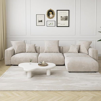 JACH Sectional Couch with 5 Pillows, Luxurious Modular Sectional Couch with Chaise Ottoman, Cushion Covers Removable, Corduroy Modern Soft Couches for Living Room, Office (Beige)