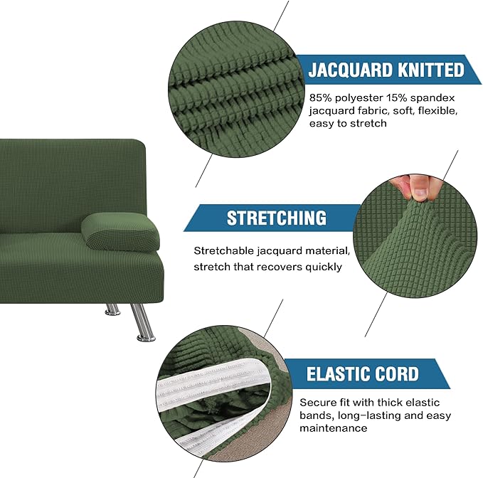 H.VERSAILTEX 4 Pieces Stretch Futon Covers Sofa Bed Slipcover with Removable Armrests and Cupholders Covers Furniture Protector High Spandex Small Checks Jacquard Fabric, Bronze Green