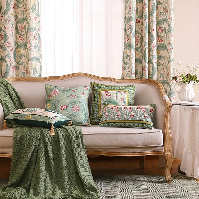 patdrea Designer Rectangle Throw Pillow Covers,Farmhouse Linen with Green Floral Pattern Pillows Cover,Decorative Lumbar Pillowcases Cushion for Bed Living Room Outdoor Car,12"x20"