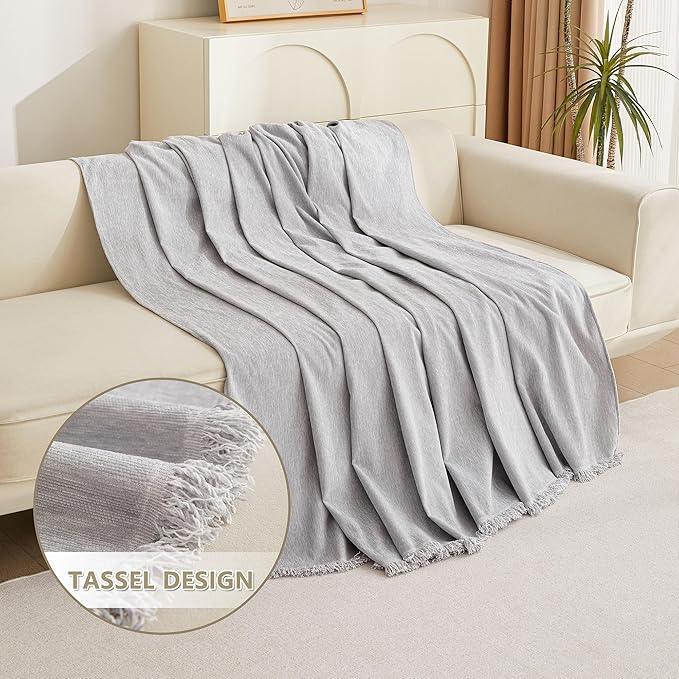 MYSKY HOME Light Gery Chenille Sofa Cover for Dogs Cats Tassel Edge Couch Cover Furniture Protectors for Pets Universal Couch Cover Thick Durable Sectional Couch Covers for 3 Cushion Couch, 71"x 134"