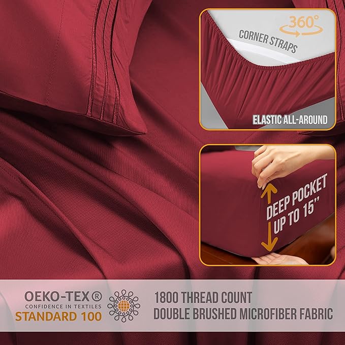 California King Sheet Set - Luxury Hotel Bed Sheets - Soft Cooling Sheet with Elastic Corner Strap - Deep Pocket Microfiber - Bedding Sheets & Pillowcases -4 PC (Cal King Size, Burgundy)