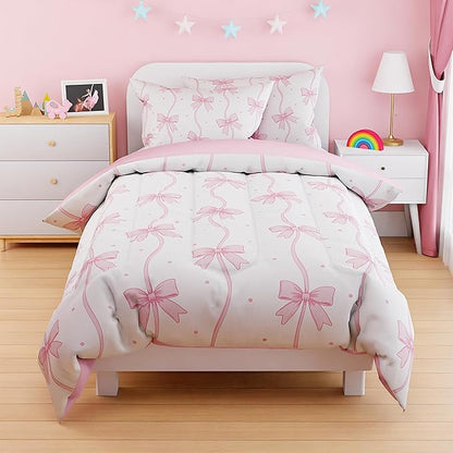 SANDJEST Bow Duvet Cover Sets Twin Size for Kids Girls, Include 1 Polyester Comforter Cover 68x86 Inches and 1 Pillowcase 20x26 Inches, Comforter Not Included, Gift for Christmas Birthday