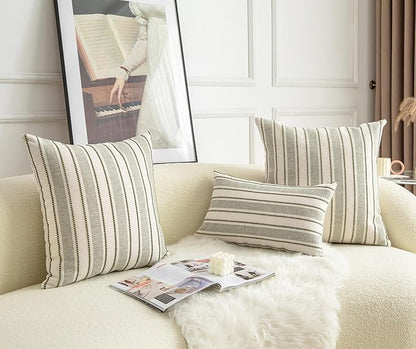 Decorative Boho Throw Pillow Covers, Farmhouse Textured Pillow Case, 18 x 18 Inch Set of 2, Chair Sofa Bedroom Living Room Home Decor Couch Cushion Case, Olive Green and Beige Striped