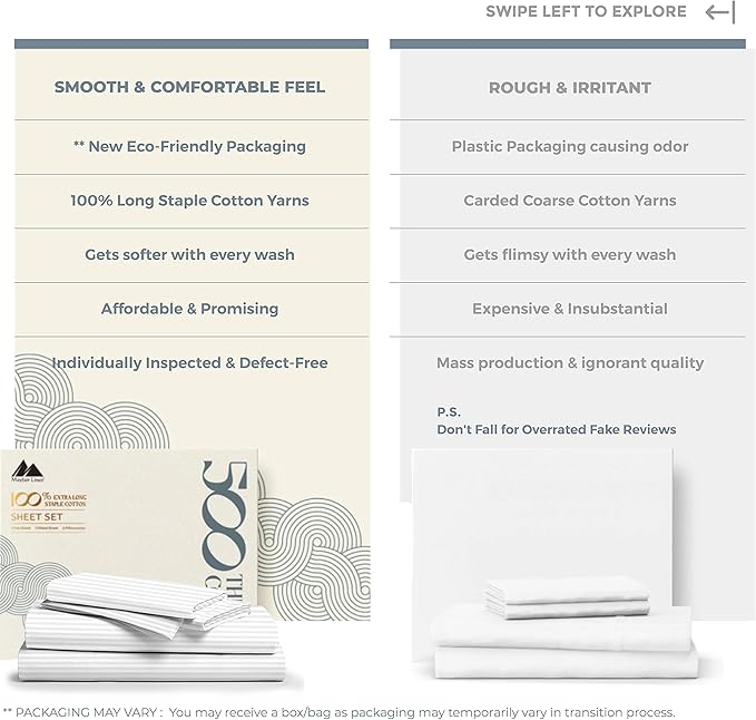 Mayfair Linen 100% Cotton Striped Sheets Split King Size Bed Set - 500 Thread Count Damask Split King Sheets for Adjustable Bed, 5 PC Set (White Stripe), Cooling, Sateen 16" Deep Pocket Bedsheet