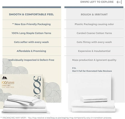 Mayfair Linen 100% Cotton Striped Sheets Twin Size Bed Set - 500 Thread Count Damask Sheets Twin Size 3 PC Set (White Stripe), Soft, Cooling, Sateen Weave Hotel-Quality 16" Deep Pocket Cotton Bedsheet