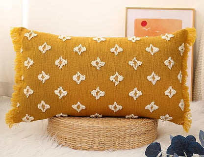 Boho Long Lumbar Pillow Cover 16x26 with Tassel,3D Flower Patterned Cotton Decorative Long Lumbar Pillow Cover Pillow Case for Sofa Couch Bed Livingroom Farmhouse,Yellow