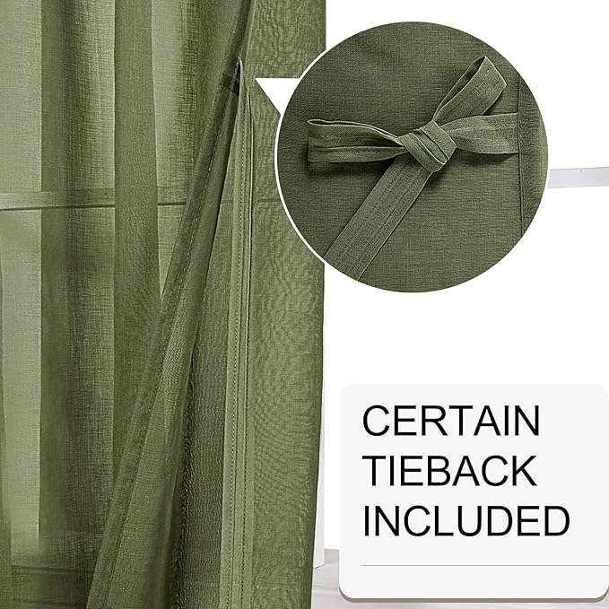 XWZO Sheer Curtains 84 Inches Length 2 Panels for Bedroom, Grommet Light Filtering Semi Transparent Voile Window Curtains for Living Room, Basement with Tiebacks, Olive Green, 52 x 84 Inches Long
