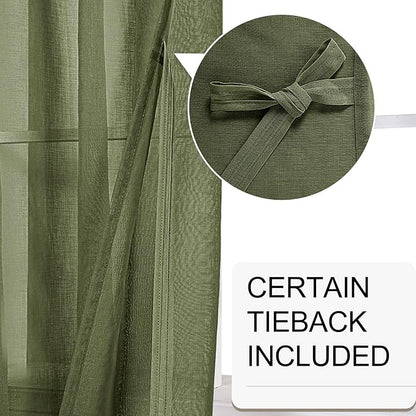 XWZO Sheer Curtains 95 Inches Long for Living Room with Tiebacks, Soft & Lightweight Grommet Voile Window Curtains for Bedroom, Kitchen, Basement, Olive Green, Set of 2 Panels, 52 x 95 Inches Long