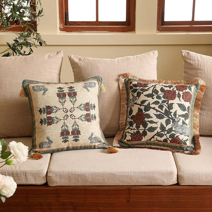 patdrea Designer Throw Pillow Covers Set of 2,French Elegant Green Linen with Rose and Animal Floral Pattern Pillow Covers,Decorative Square Pillowcases Cushion for Bed Living Room Outdoor,18"x18"