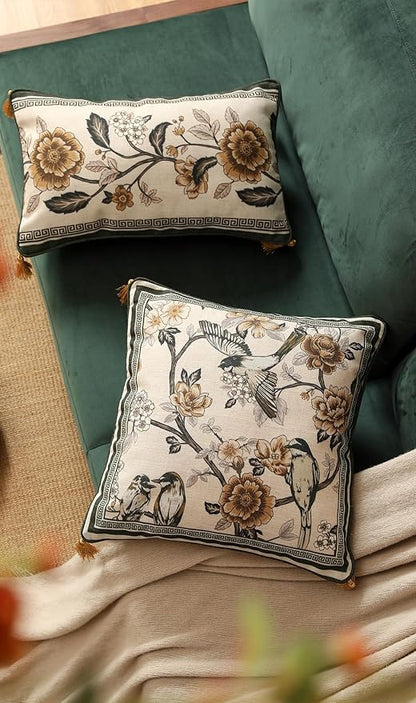 ISAENNE Design Linen Chinoiserie Square Throw Pillow Covers 18"x18", Farmhouse Cushion Covers with Yellow Floral Birds Pattern Decoration Pillowcases for Bed,Living Room,Outdoor,Car