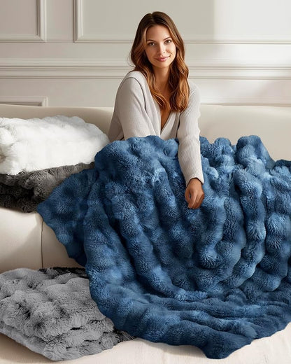 Ultra Soft Cozy Faux Fur Throw Blanket, Fuzzy Plush Thick Bubble Blanket, Oversize Luxury Fluffy Blanket for Couch, Sofa, Bedroom, and Living Room,50x60 Inches,Blue