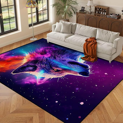 6' x 9' Galaxy Wolf Rug Large 3D Fierce Wolves Space Area Rugs for Bedroom Living Room Playroom Gameroom Boys Kids Colorful Glitter Throw Rugs Floor Mat Carpet,180 X 275cm
