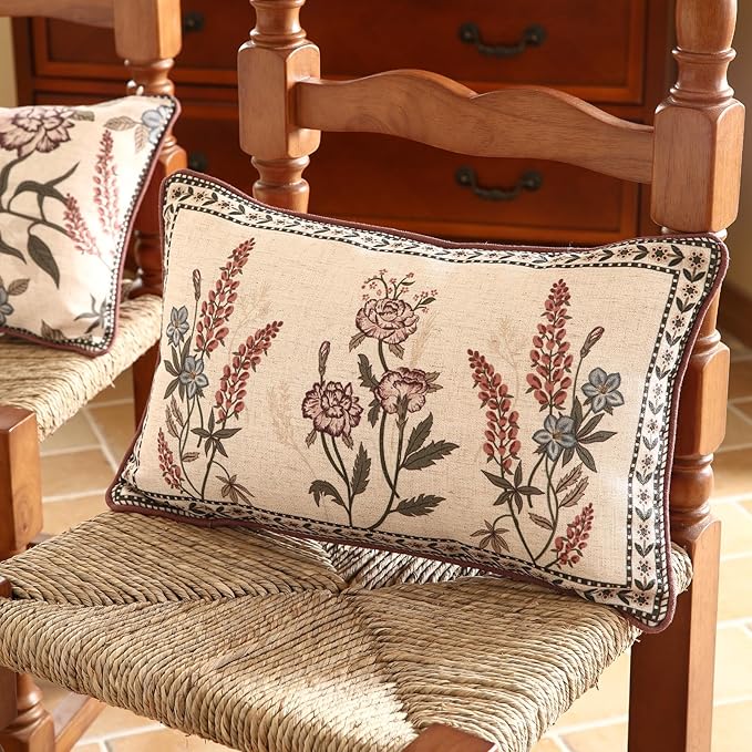 ISAENNE Design Linen Vintage Throw Pillow Covers 12"x20", Rectangle Cushion Covers with Red Purple Flowers Green Leaves Pattern Decoration Pillowcases for Bed,Living Room,Outdoor,Car
