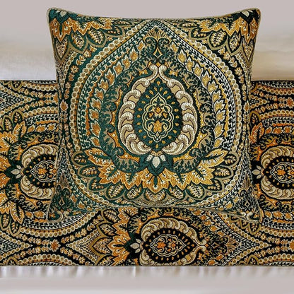 The HomeCentric King/Queen/Twin Green Luxury CA King 86"x18" Bed Runner with Two Pillow Cover, Damask, Tassels & Tapestry Bed Scarf on Jacquard Fabric - Damask Tapestry