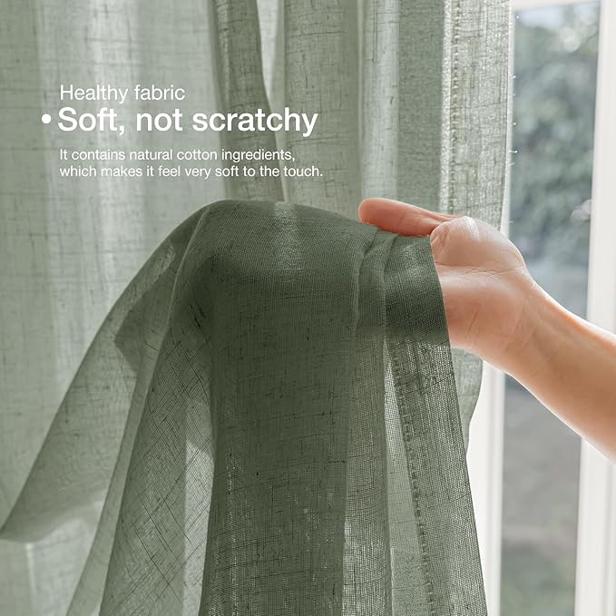 Anmao Natural Linen Curtains for Living Room 72 Inch Length 2 Panels Set, Light Filtering Semi Sheer Window Curtain Drapes for Bedroom with Curtain Rings and Clips, 52Wx72L, Olive Green