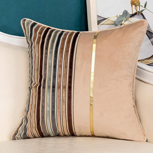 Yangest Brown Striped Patchwork Throw Pillow Cover Gold Leather Cushion Cover Zippered Pillowcase for Sofa Couch Bedroom Living Room Home Decoration,18x18 Inch