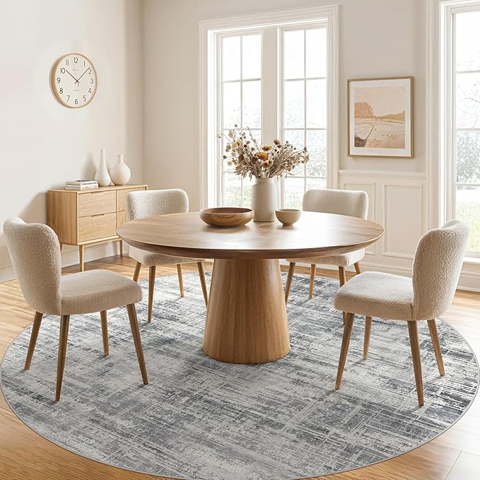 8ft Round Area Rug for Living Room: 8x8 Washable Neutral Abstract Modern Soft Rugs Non Slip Indoor Floor Stain Resistant Carpet for Bedroom Dining Room Office Nursery - Gray