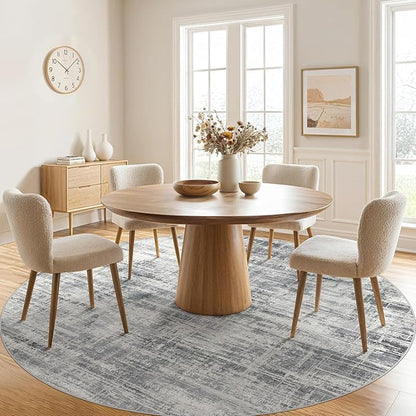 8ft Round Area Rug for Living Room: 8x8 Washable Neutral Abstract Modern Soft Rugs Non Slip Indoor Floor Stain Resistant Carpet for Bedroom Dining Room Office Nursery - Gray