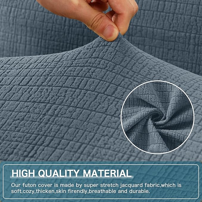H.VERSAILTEX 100% Waterproof Stretch Futon Slipcover Armless Sofa Cover Furniture Protector Without Armrests Slipcover Soft with Elastic Bottom for Kids, Spandex Jacquard Small Checks, Stone Blue
