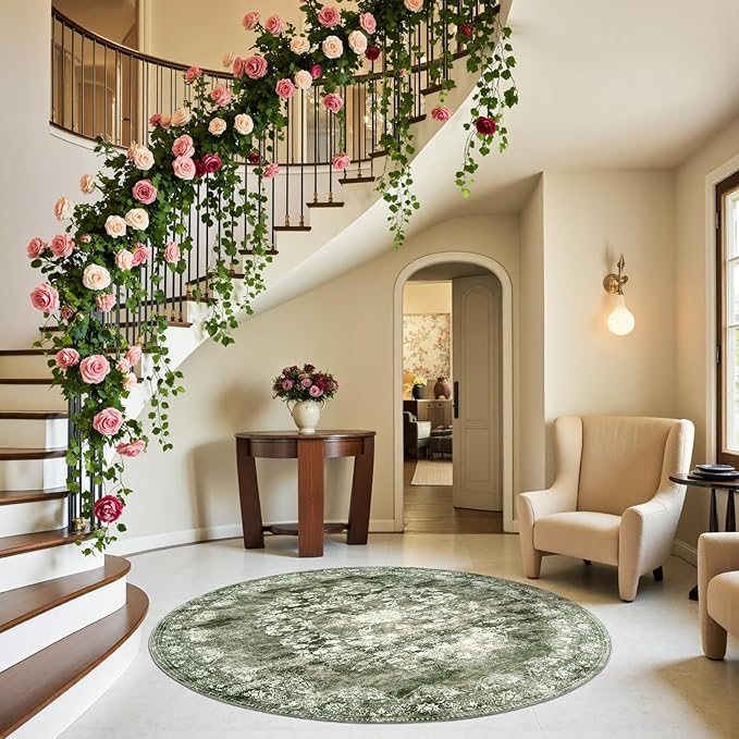 jinchan Round Rug 5ft Area Rug - Green Vintage Floor Mat Kitchen Indoor - Washable Circle 5' Thin Floral Print Christmas Carpet Retro Farmhouse Non Slip Dining Room Living Room Bedroom Office