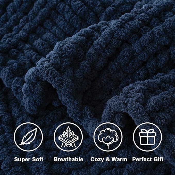 Battilo Navy Chunky Knit Throw Blanket for Couch, Navy Blue Chenille Throw Blanket Super Soft Cozy Thick Warm Cable Knitted Blanket for Bed, Sofa, Living Room, 50"x60"